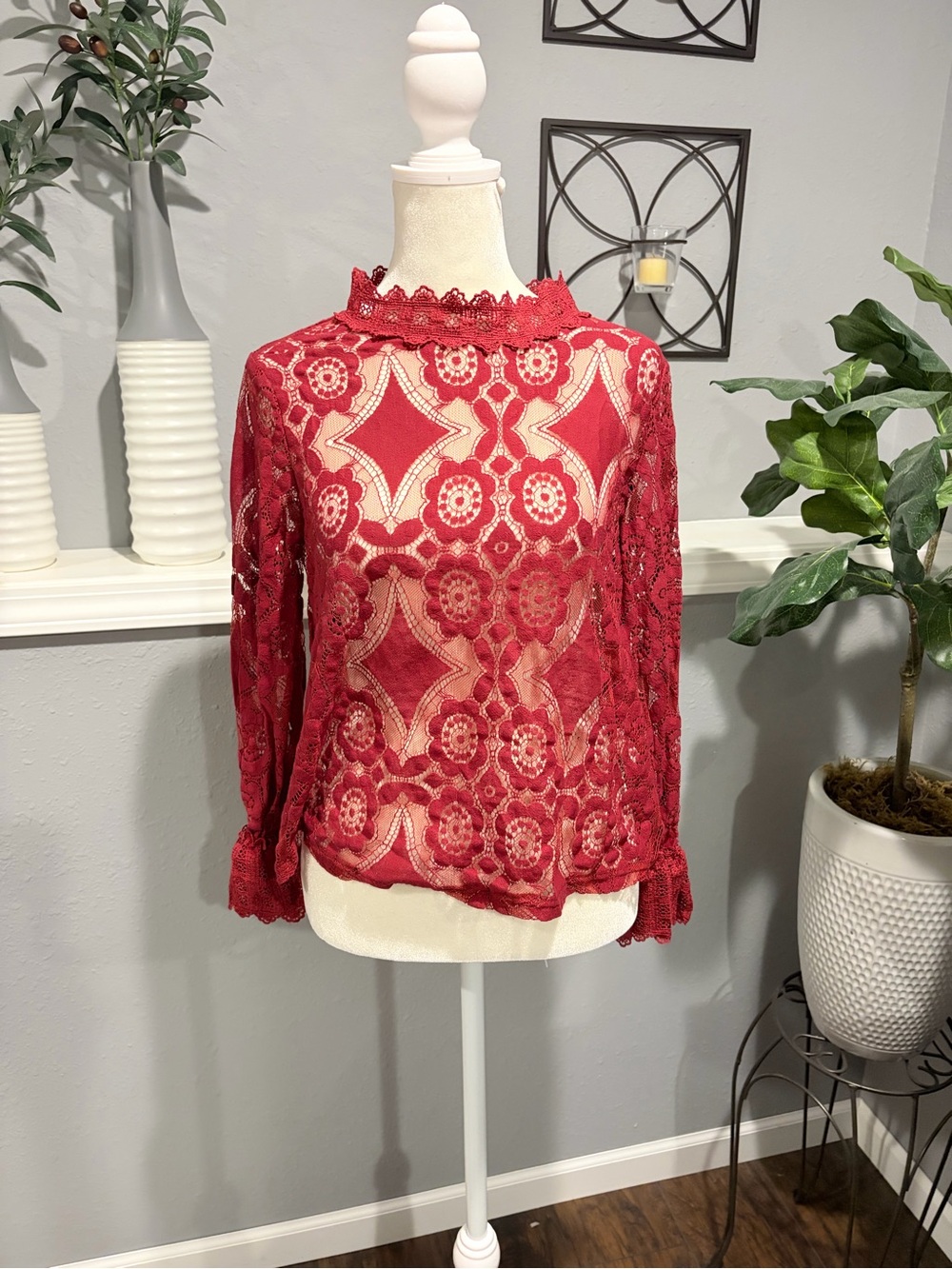 Source Unknown Red Lace Long-Sleeve Sheer Blouse